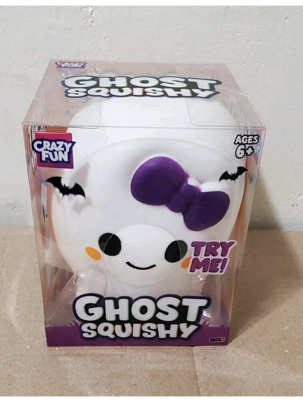 RMS Crazy Fun Ghost Squishy Halloween Sensory Squeeze Toy White Purple Bow NWT